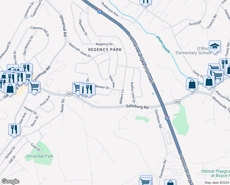 map of restaurants, bars, coffee shops, grocery stores, and more near 409 Millers Lane in Plum