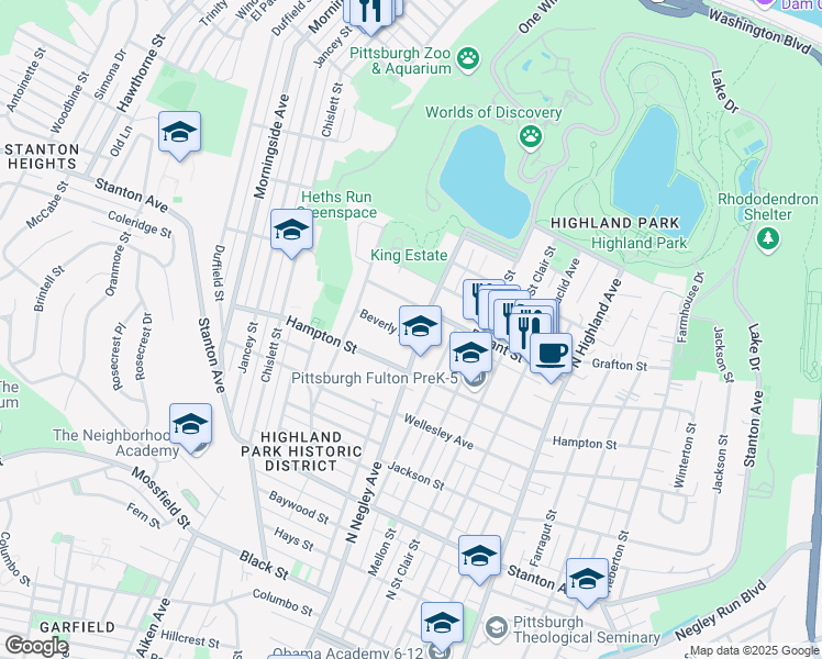 map of restaurants, bars, coffee shops, grocery stores, and more near 1121 North Negley Avenue in Pittsburgh