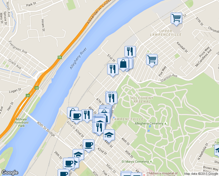 map of restaurants, bars, coffee shops, grocery stores, and more near 4745 Modoc Way in Pittsburgh