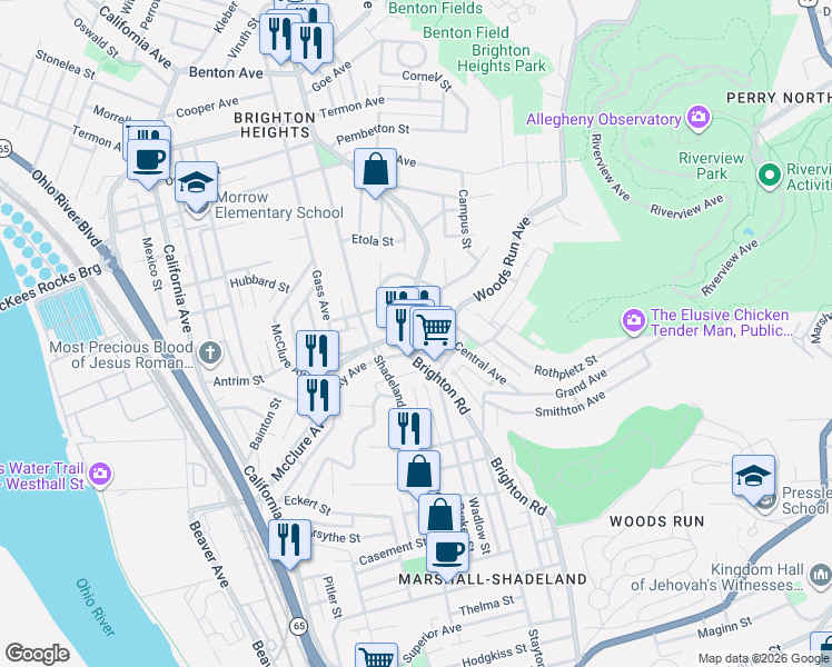 map of restaurants, bars, coffee shops, grocery stores, and more near 3222 Brighton Road in Pittsburgh