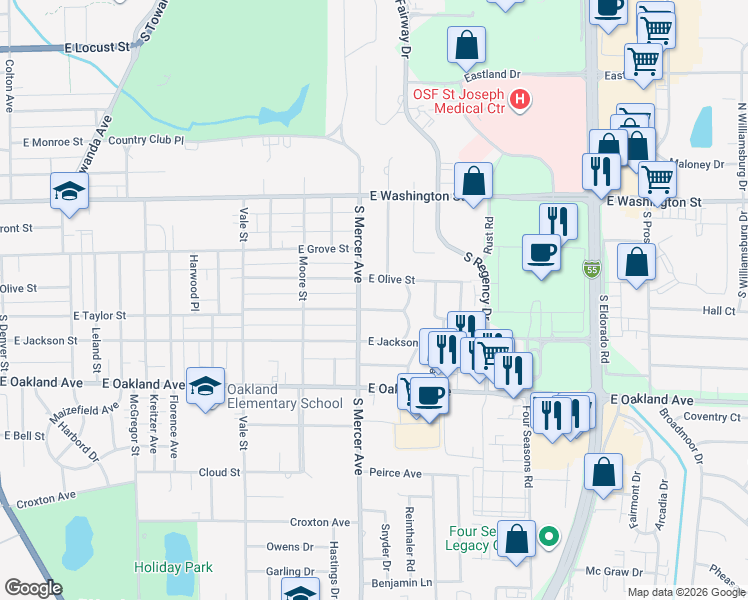map of restaurants, bars, coffee shops, grocery stores, and more near 2107 East Taylor Street in Bloomington