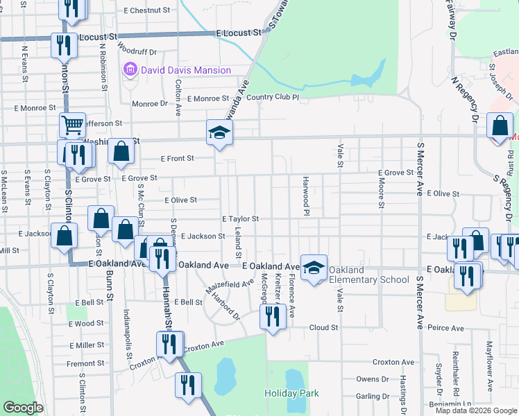 map of restaurants, bars, coffee shops, grocery stores, and more near 1405 East Taylor Street in Bloomington