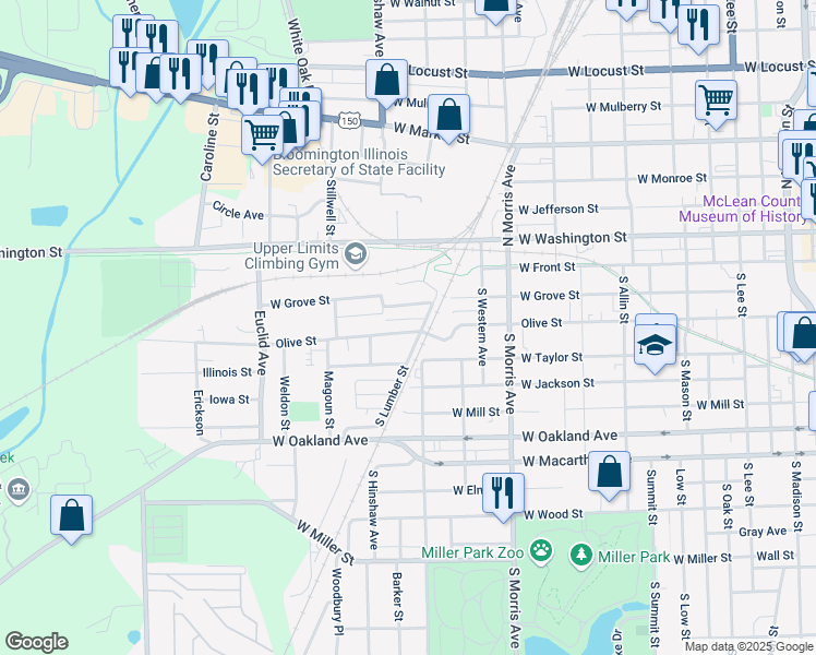 map of restaurants, bars, coffee shops, grocery stores, and more near 1313 West Taylor Street in Normal