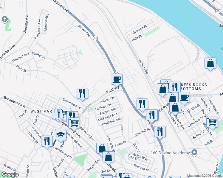 map of restaurants, bars, coffee shops, grocery stores, and more near 1 Shaw Avenue in McKees Rocks