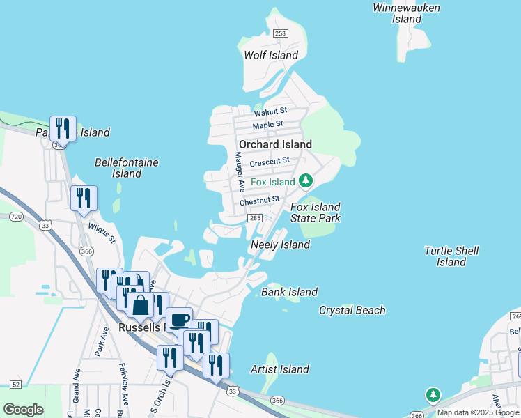 map of restaurants, bars, coffee shops, grocery stores, and more near 4 North Orchard Island Road in Lakeview