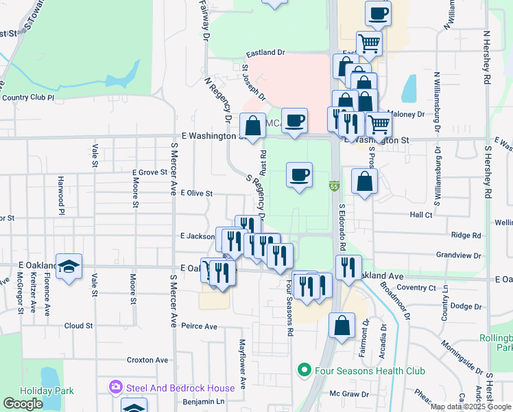 map of restaurants, bars, coffee shops, grocery stores, and more near 203 South Regency Drive in Bloomington