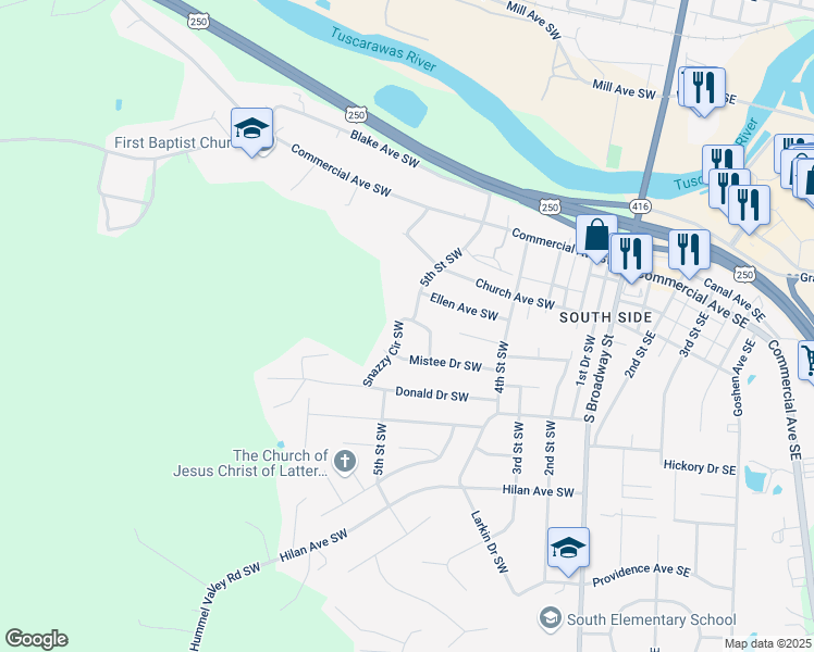 map of restaurants, bars, coffee shops, grocery stores, and more near 491 Mistee Drive Southwest in New Philadelphia