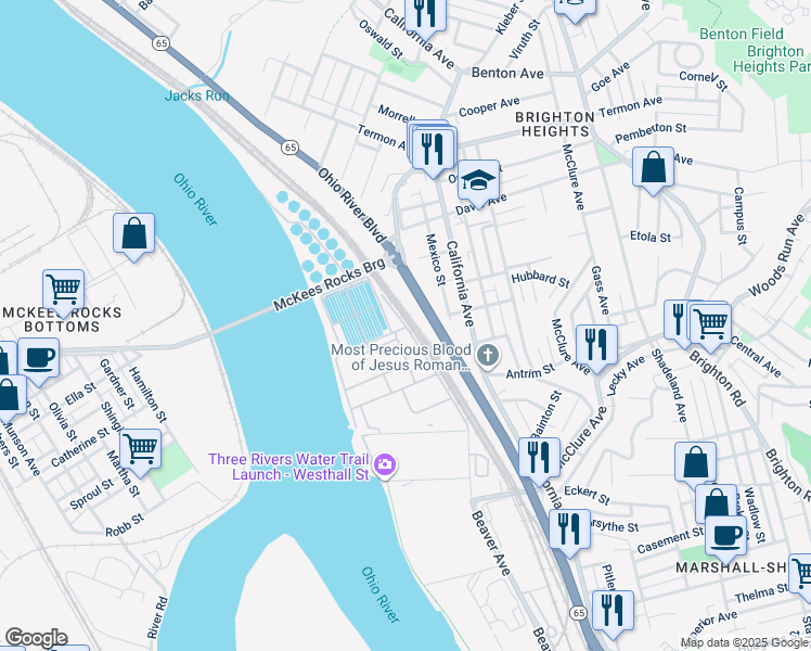 map of restaurants, bars, coffee shops, grocery stores, and more near 3599 Preble Avenue in Pittsburgh