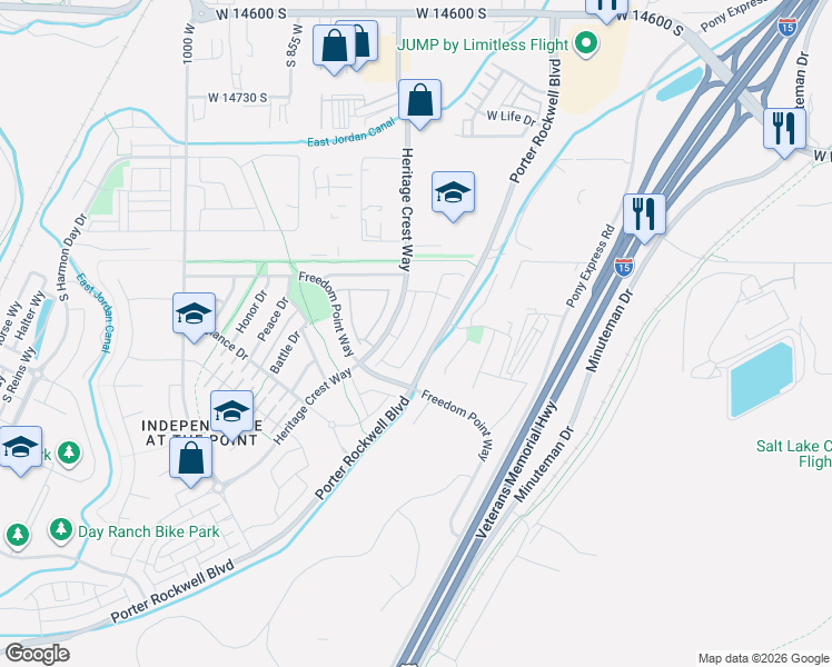 map of restaurants, bars, coffee shops, grocery stores, and more near 15079 Gallant Drive in Bluffdale