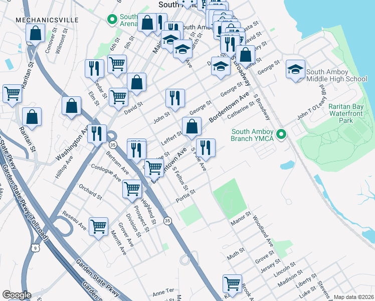 map of restaurants, bars, coffee shops, grocery stores, and more near 359 Catherine Street in South Amboy