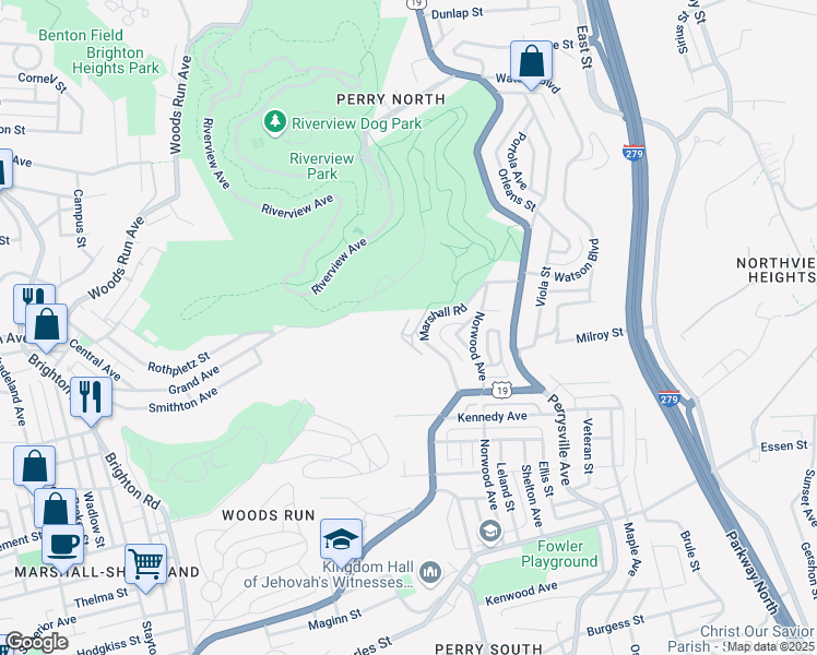 map of restaurants, bars, coffee shops, grocery stores, and more near 3001 Marshall Road in Pittsburgh