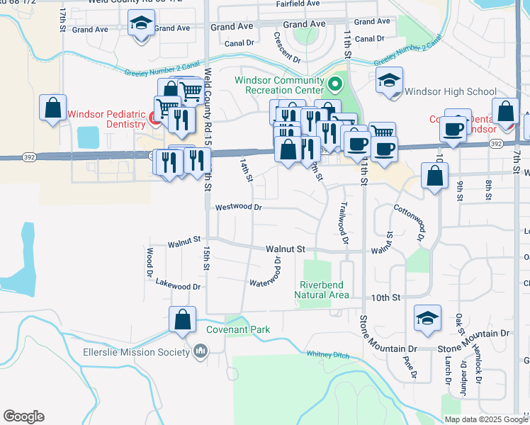 map of restaurants, bars, coffee shops, grocery stores, and more near 1371 Westwood Drive in Windsor