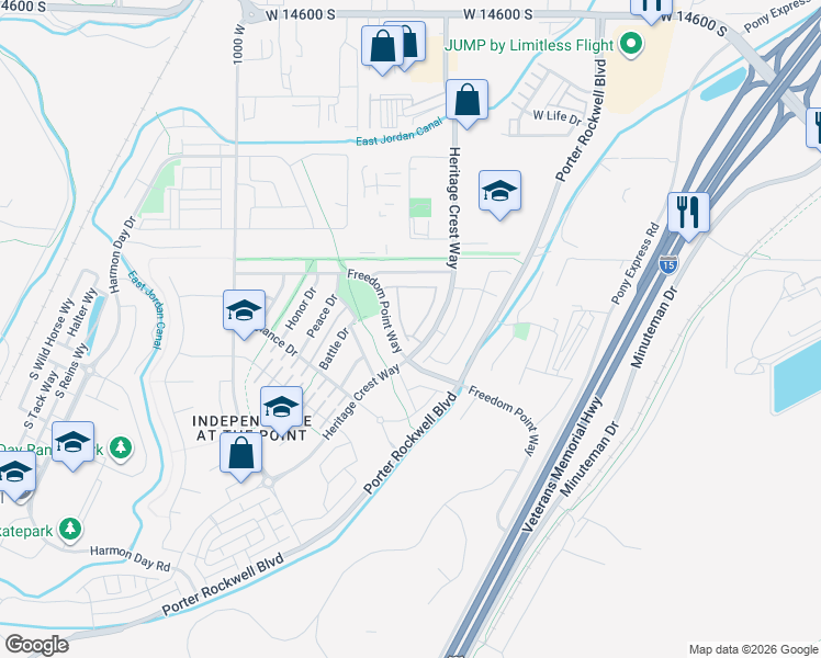 map of restaurants, bars, coffee shops, grocery stores, and more near 15085 Plymouth Rock Lane in Bluffdale