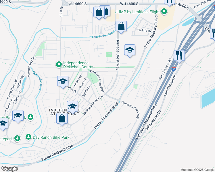map of restaurants, bars, coffee shops, grocery stores, and more near 15085 Plymouth Rock Lane in Bluffdale