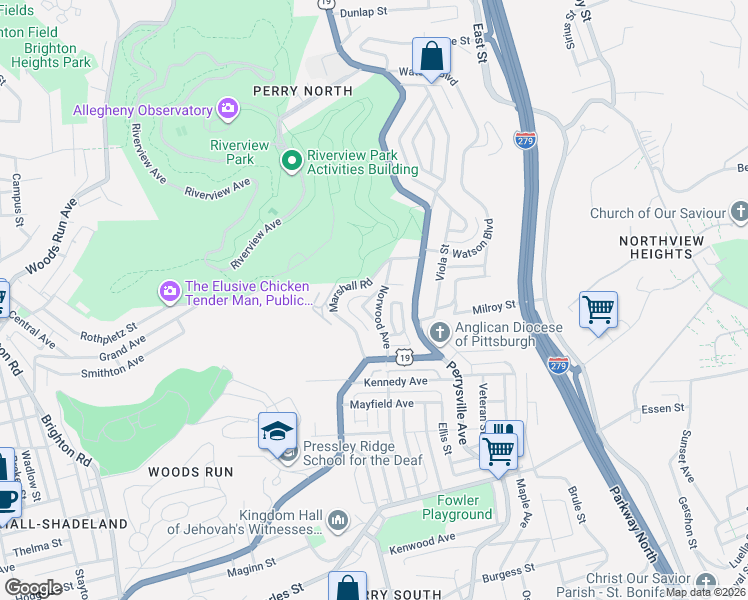 map of restaurants, bars, coffee shops, grocery stores, and more near 3080 Marshall Road in Pittsburgh