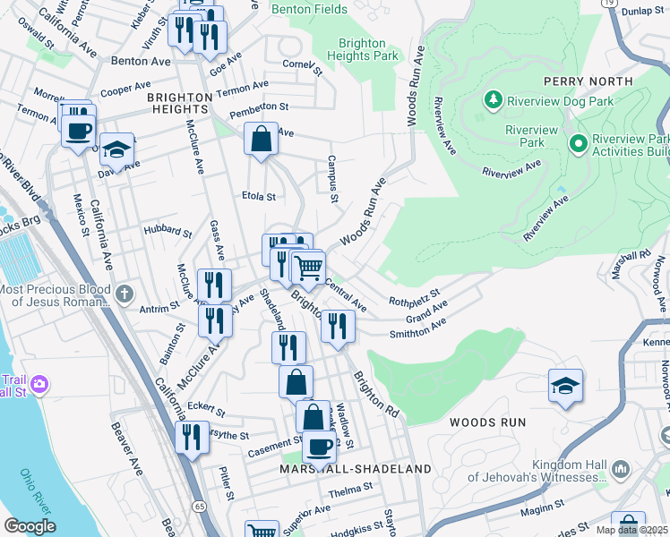 map of restaurants, bars, coffee shops, grocery stores, and more near 1121 Woods Run Avenue in Pittsburgh