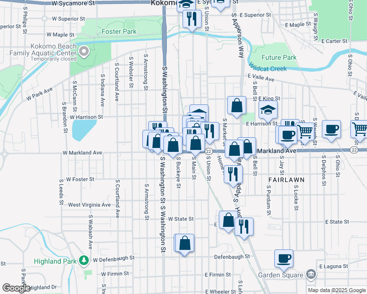 map of restaurants, bars, coffee shops, grocery stores, and more near 907 South Main Street in Kokomo
