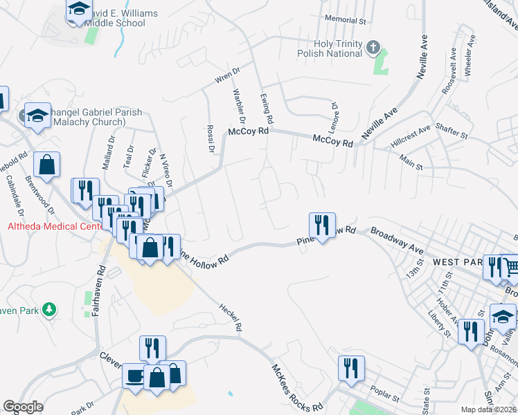 map of restaurants, bars, coffee shops, grocery stores, and more near 36 Kennedy Lane in McKees Rocks