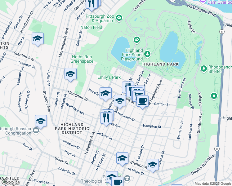 map of restaurants, bars, coffee shops, grocery stores, and more near Bryant Street in Pittsburgh