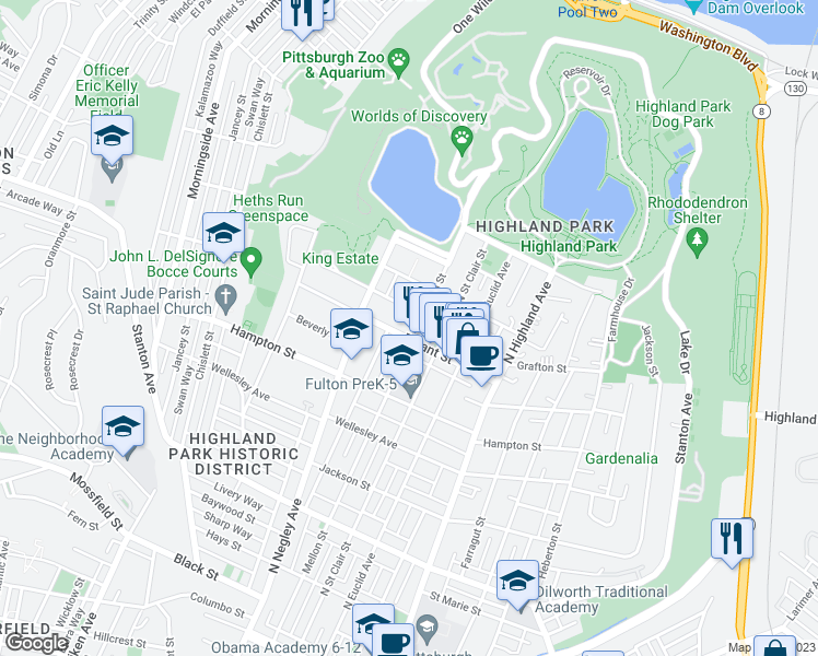 map of restaurants, bars, coffee shops, grocery stores, and more near 5655 Bryant St in Pittsburgh