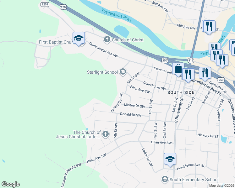 map of restaurants, bars, coffee shops, grocery stores, and more near 828 5th Street Southwest in New Philadelphia