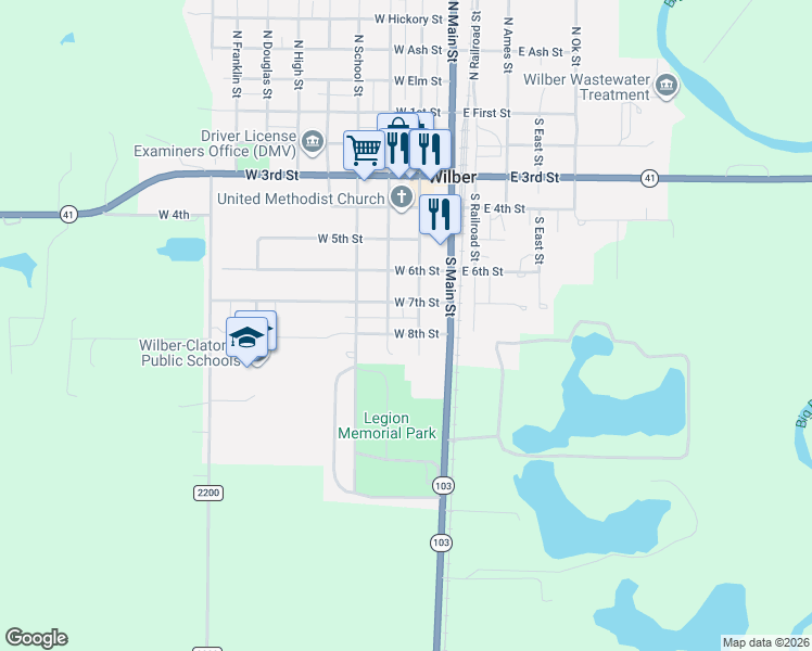 map of restaurants, bars, coffee shops, grocery stores, and more near 223 West 7th Street in Wilber