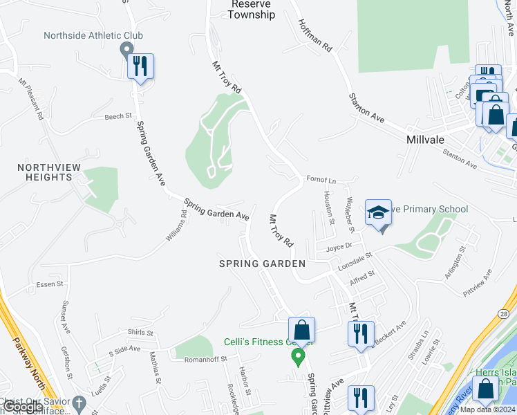 map of restaurants, bars, coffee shops, grocery stores, and more near 2905 Spring Garden Avenue in Pittsburgh