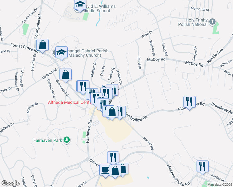 map of restaurants, bars, coffee shops, grocery stores, and more near 1026 McCoy Road in McKees Rocks