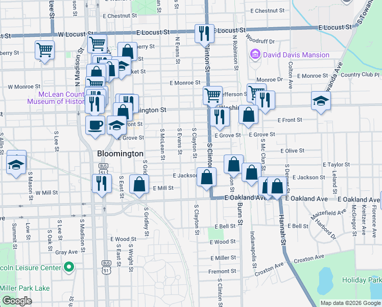 map of restaurants, bars, coffee shops, grocery stores, and more near 203 South Clayton Street in Bloomington