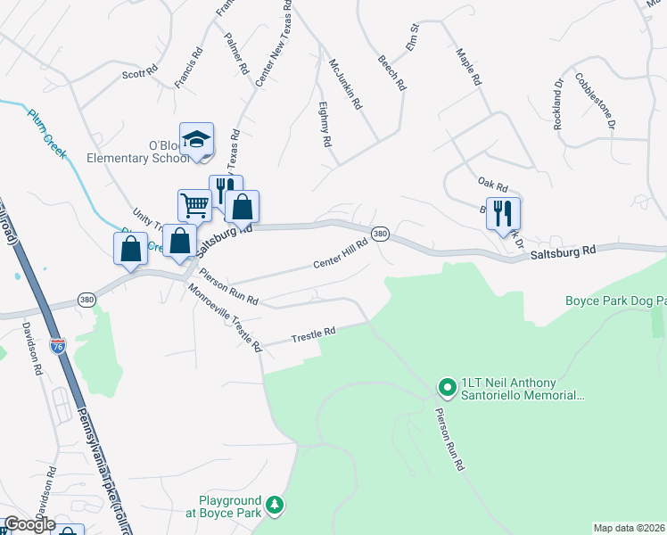 map of restaurants, bars, coffee shops, grocery stores, and more near 555 Center Hill Road in Pittsburgh