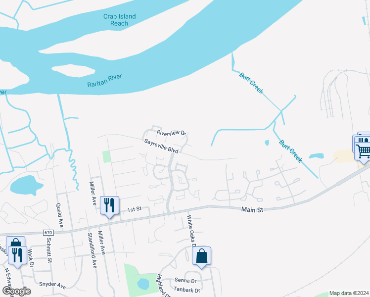 map of restaurants, bars, coffee shops, grocery stores, and more near 1 Sierra Court in Sayreville