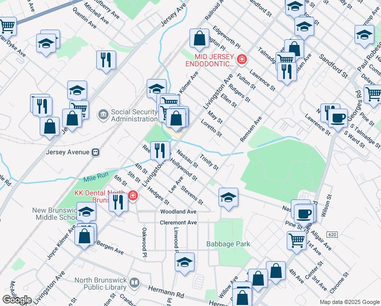 map of restaurants, bars, coffee shops, grocery stores, and more near 578 Livingston Avenue in North Brunswick Township