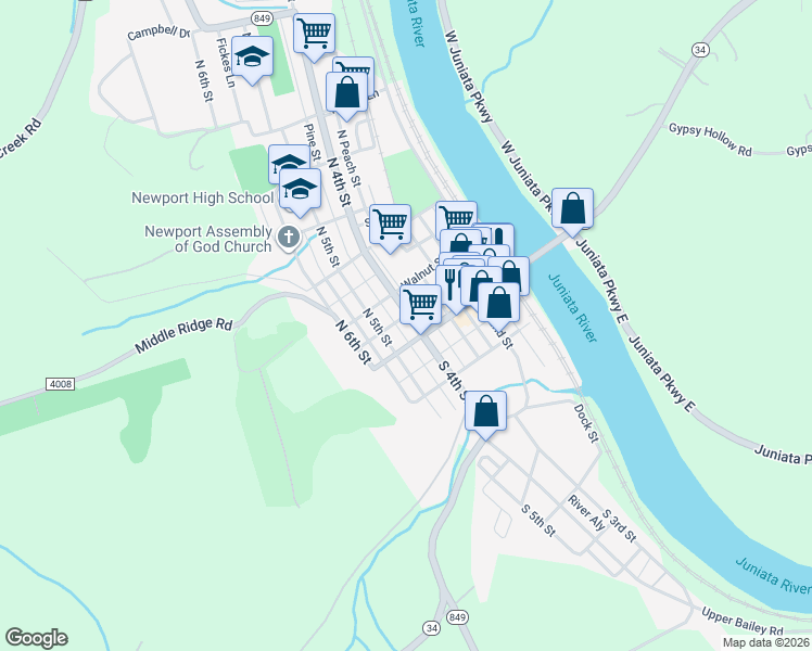 map of restaurants, bars, coffee shops, grocery stores, and more near 40 Dock Street in Newport