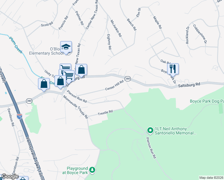 map of restaurants, bars, coffee shops, grocery stores, and more near 555 Center Hill Road in Pittsburgh