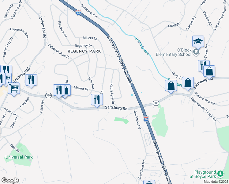 map of restaurants, bars, coffee shops, grocery stores, and more near 423 Kathy Lynn Drive in Plum