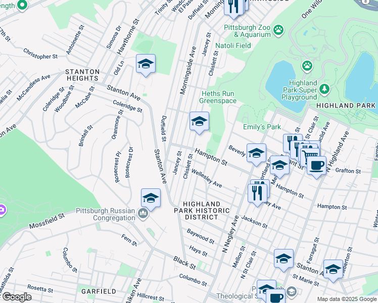 map of restaurants, bars, coffee shops, grocery stores, and more near 1101 Jancey Street in Pittsburgh