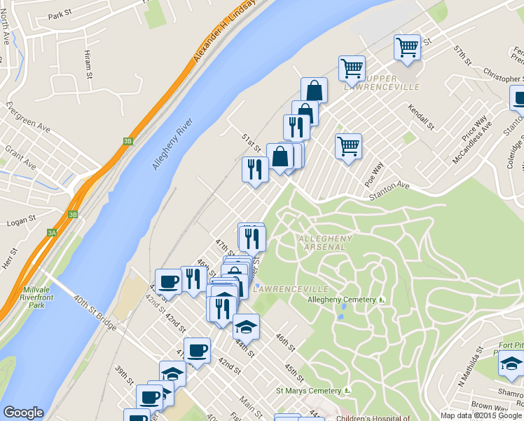 map of restaurants, bars, coffee shops, grocery stores, and more near 4900 Hatfield Street in Pittsburgh