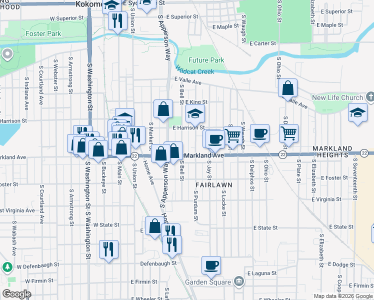 map of restaurants, bars, coffee shops, grocery stores, and more near 902 South Bell Street in Kokomo