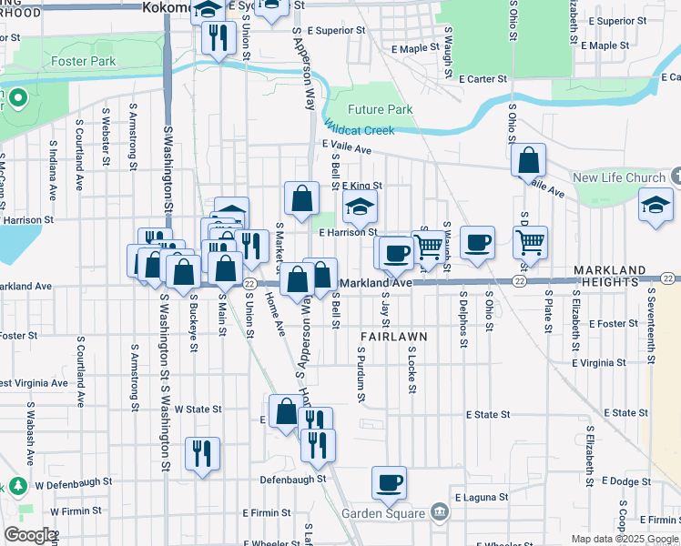 map of restaurants, bars, coffee shops, grocery stores, and more near 902 South Bell Street in Kokomo