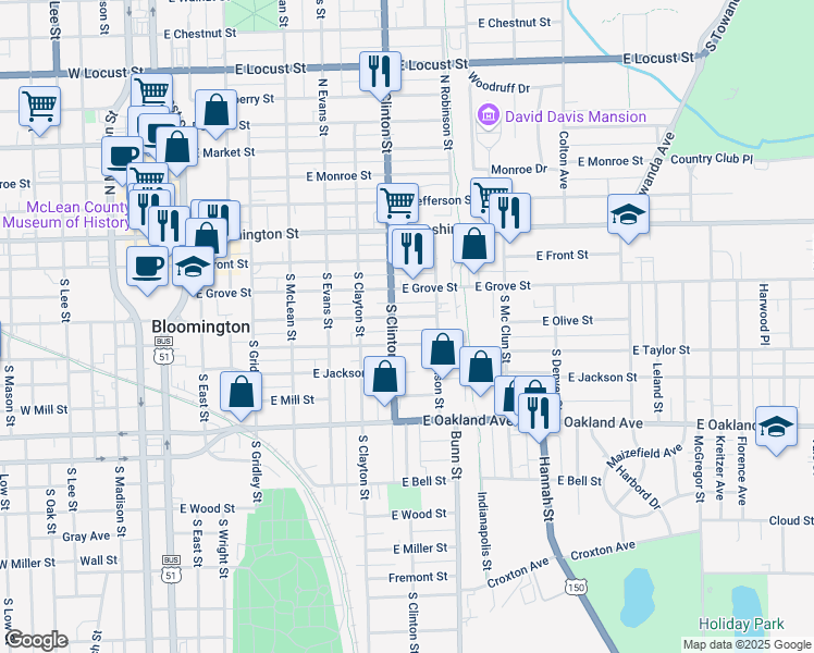 map of restaurants, bars, coffee shops, grocery stores, and more near 712 East Olive Street in Bloomington
