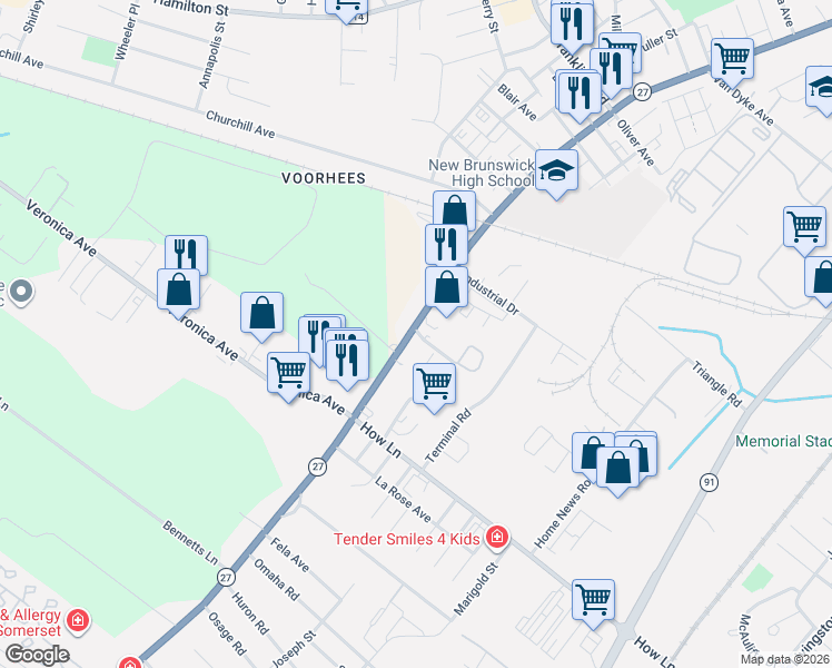 map of restaurants, bars, coffee shops, grocery stores, and more near 9 Hampton Road in New Brunswick