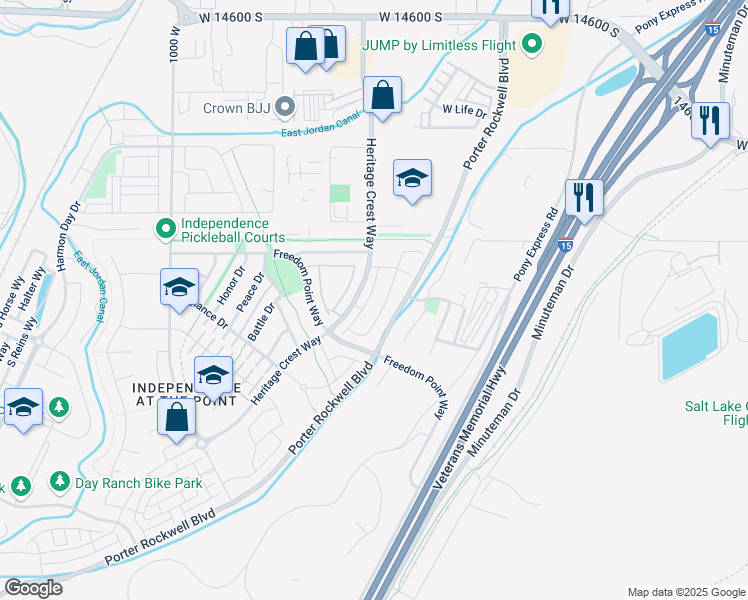 map of restaurants, bars, coffee shops, grocery stores, and more near 15107 Bright Stars Drive in Bluffdale