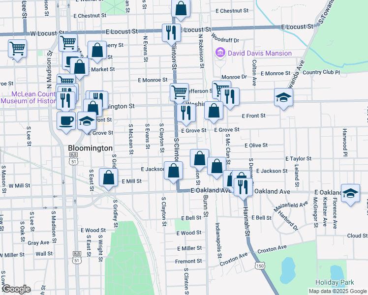 map of restaurants, bars, coffee shops, grocery stores, and more near 712 East Olive Street in Bloomington