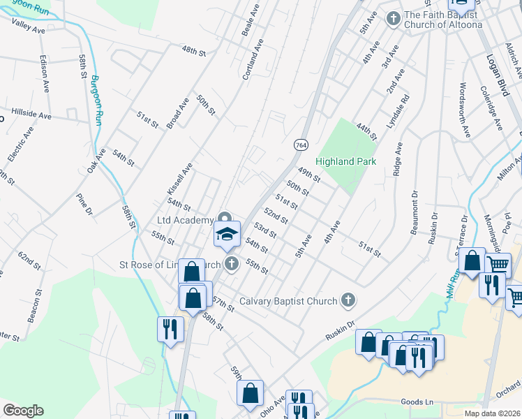 map of restaurants, bars, coffee shops, grocery stores, and more near 5201 6th Avenue in Altoona