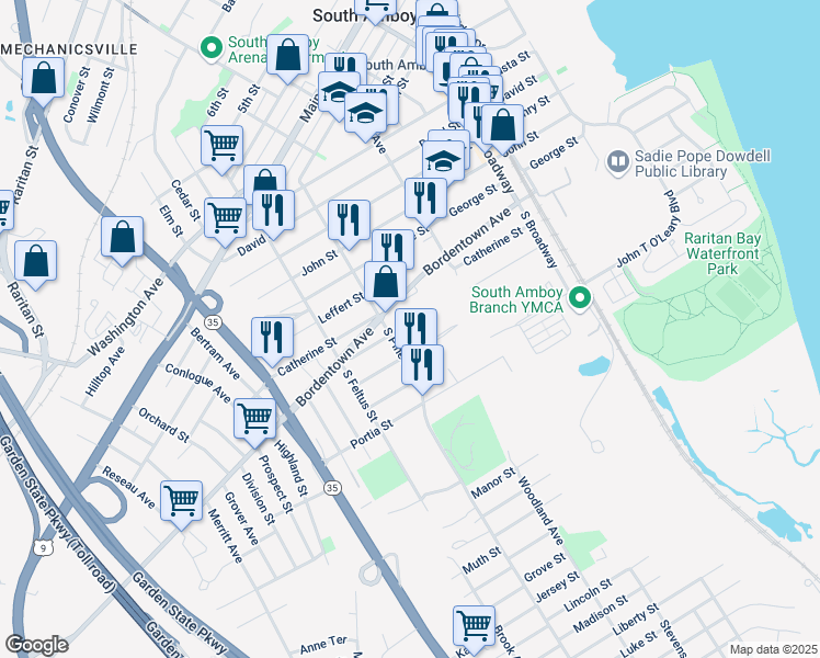 map of restaurants, bars, coffee shops, grocery stores, and more near 291 Gordon Street in South Amboy