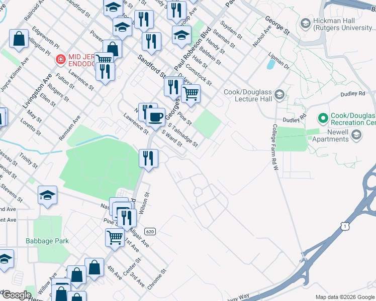 map of restaurants, bars, coffee shops, grocery stores, and more near 2 South Ward Street in New Brunswick