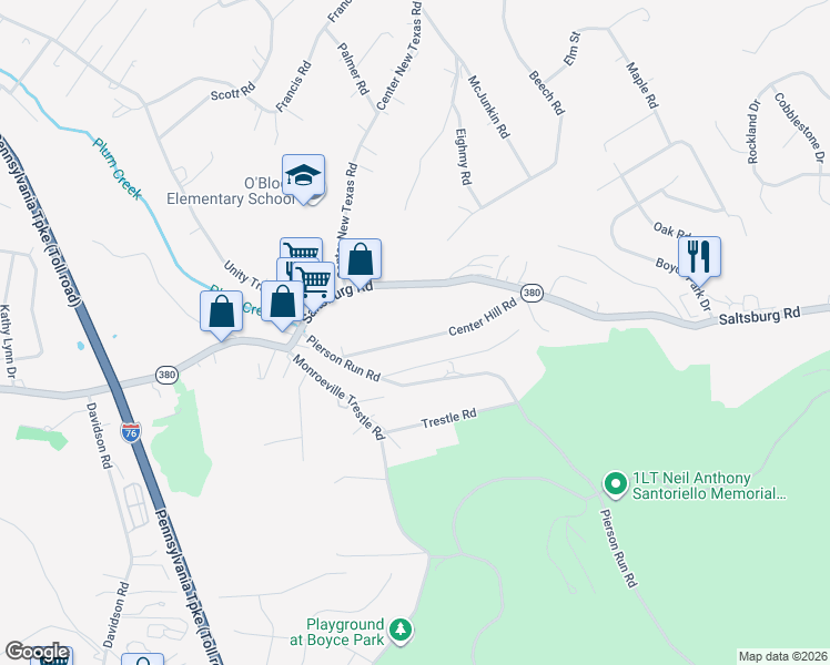map of restaurants, bars, coffee shops, grocery stores, and more near 541 Center Hill Road in Pittsburgh