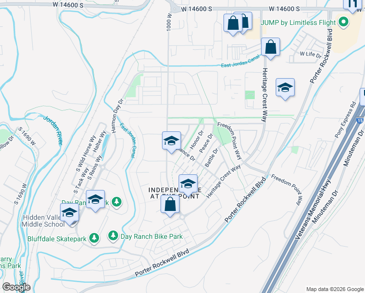 map of restaurants, bars, coffee shops, grocery stores, and more near 15103 Pledge Drive in Bluffdale