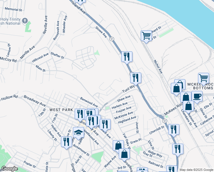 map of restaurants, bars, coffee shops, grocery stores, and more near 1 Young Street in McKees Rocks