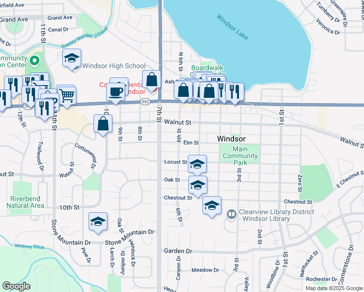 map of restaurants, bars, coffee shops, grocery stores, and more near 530 Elm Street in Windsor